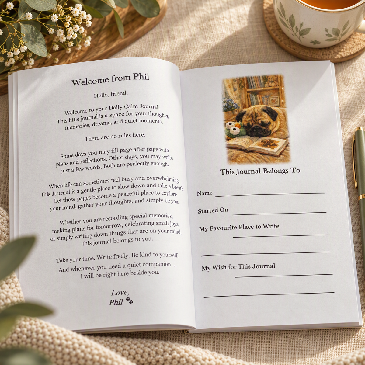 🌱 My Daily Calm Journal – Gentle Thoughts From Phil the Pug - Part of the Phil the Pug Wellbeing Collection 🌱