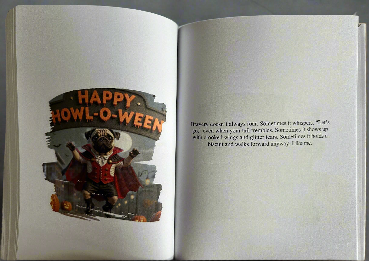 Open book with a Halloween-themed illustration of a dog in a costume and text.