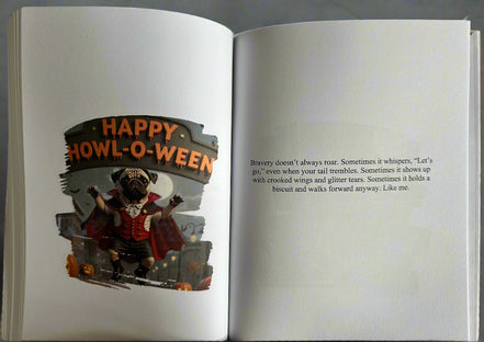 Open book with a Halloween-themed illustration of a dog in a costume and text.