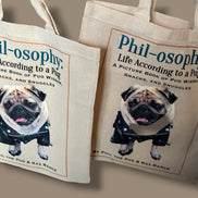 Two tote bags with a pug illustration and text on a beige background