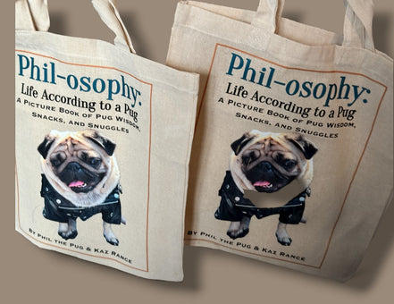 Two tote bags with a pug illustration and text on a beige background